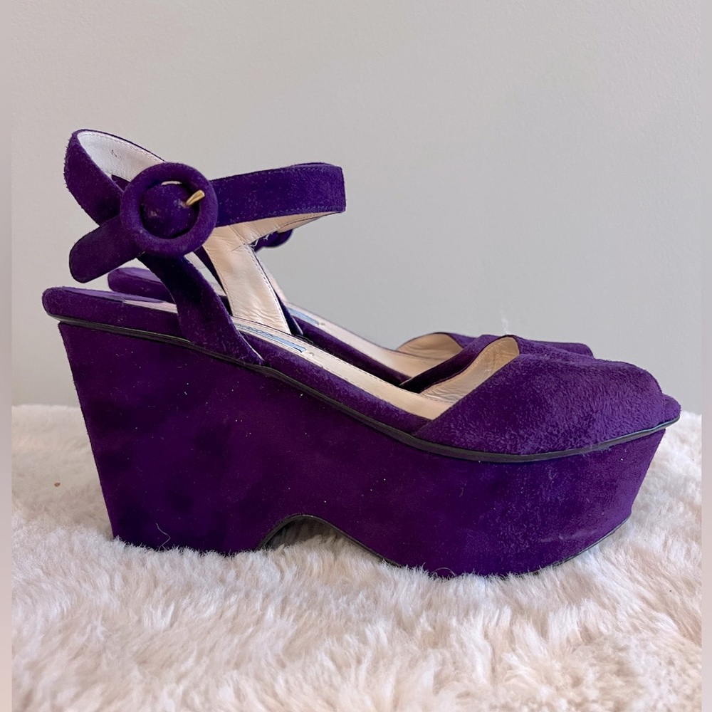 Prada Purple Suede Leather Wedge Peep Toe Platform Sandals Size 36
